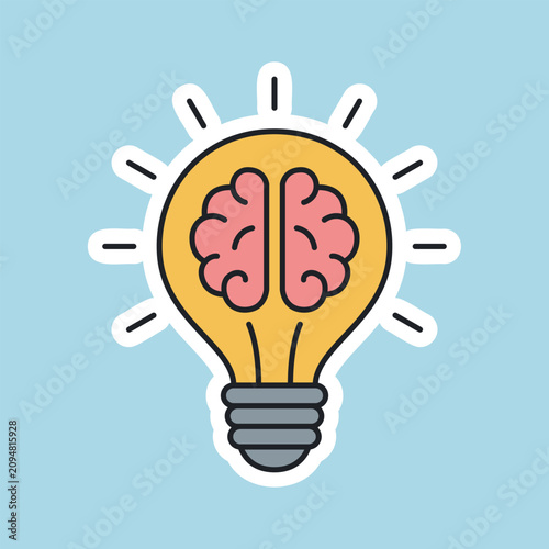 Brain Inside Lightbulb Idea Concept Cartoon Sticker Vector