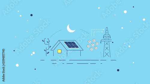 Smart Eco House with Solar Panels and Battery Storing Renewable Power connected to Grid at Night 2D Animation.