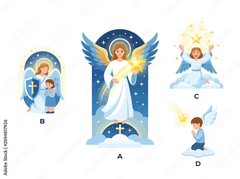Obraz premium A collection of four distinct illustrations featuring guardian angels and children in various religious and spiritual scenes.