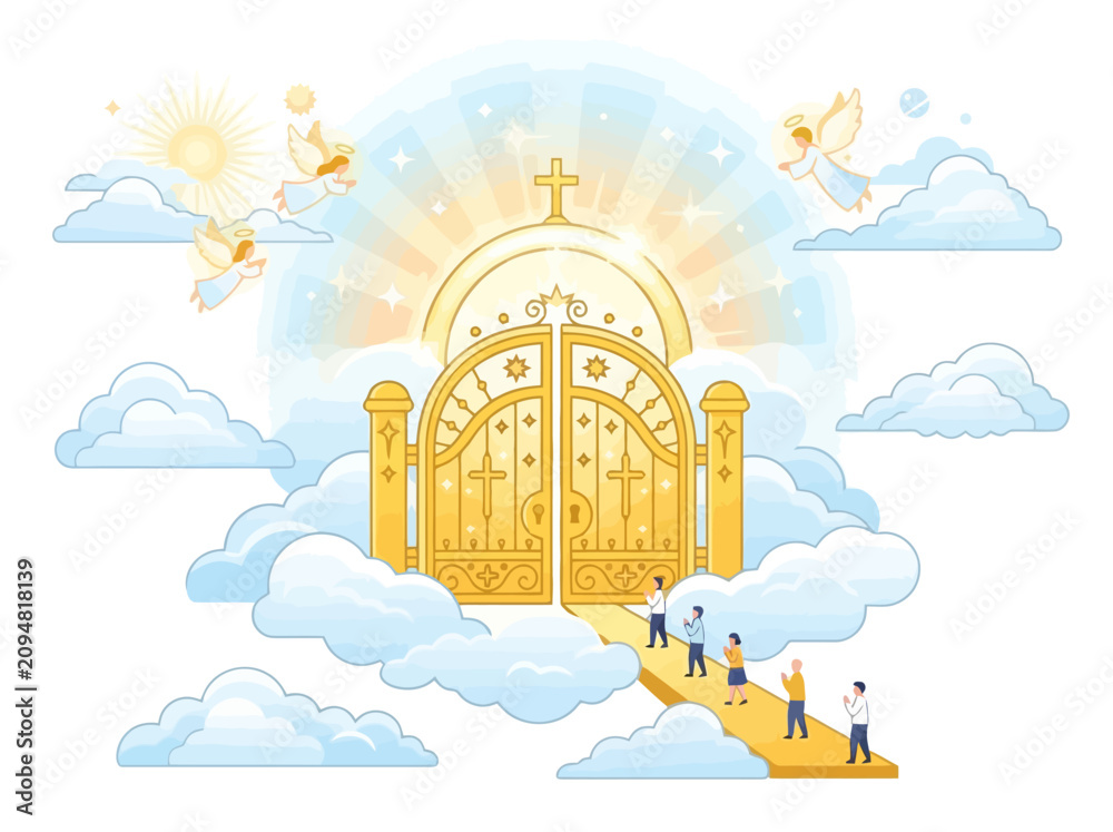 Obraz premium Golden gates of heaven with people walking towards them.