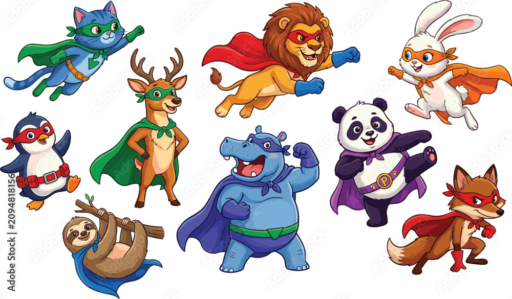 Obraz premium Cute cartoon superhero animals vector illustration set featuring brave wild forest and zoo animal characters wearing magic capes and masks on white background