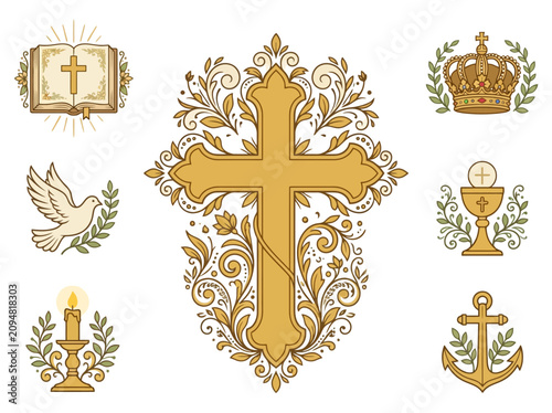 A collection of ornate Christian religious symbols and icons featuring a central cross.