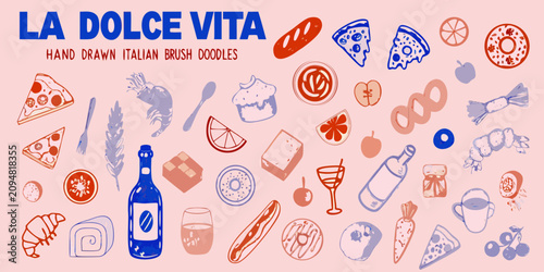 Tableau sur toile Italian Food Doodles Hand drawn Vector Illustration With Pink Background