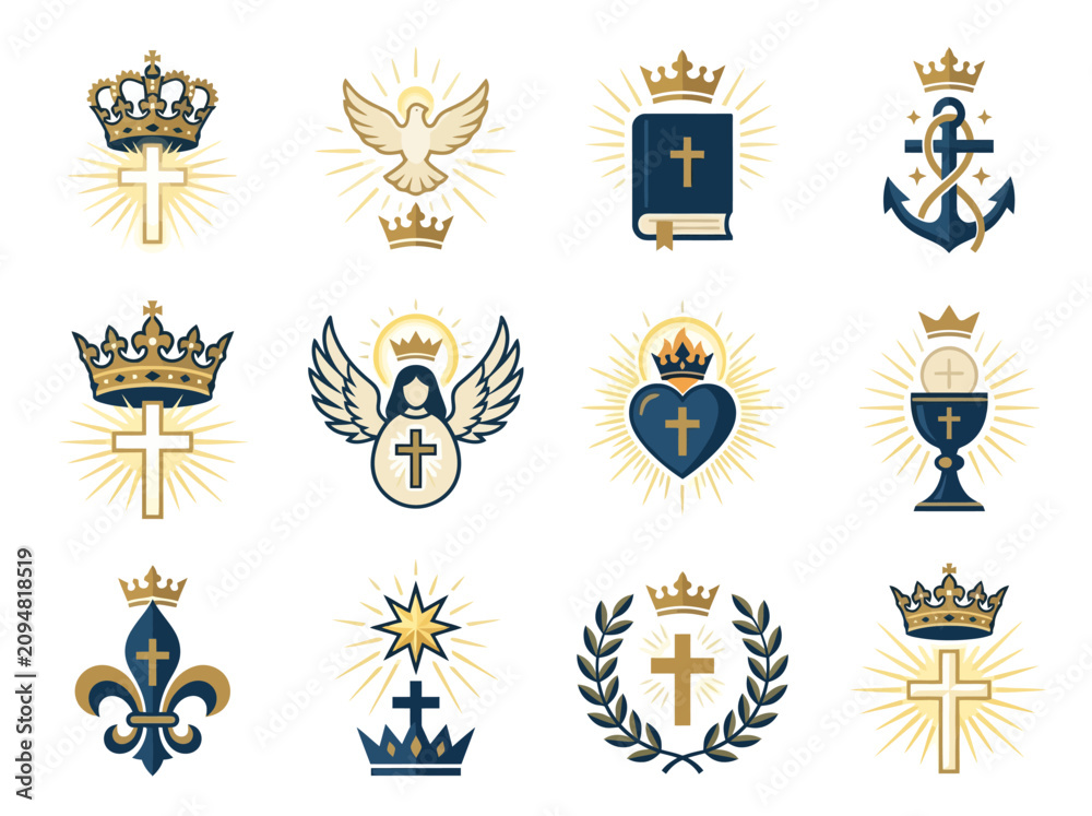 Obraz premium A collection of twelve religious Christian heraldic emblems featuring crosses crowns and sacred symbols.