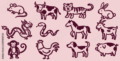 Canvas Print Collection of 12 Zodiac Animals from the Chinese Horoscope, Illustrated in a Simple Cartoon Style