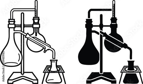 Foto Scientific laboratory distillation apparatus setup vector illustration with flas