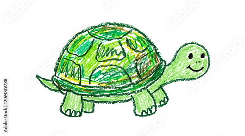 Cute crayon drawing of a smiling green turtle, hand-drawn tortoise sketch isolated on white