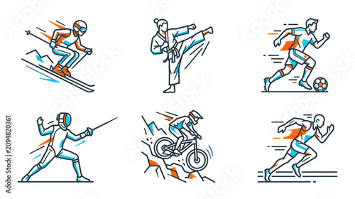 Fotografía Diverse Sports Icons: Skiing, Karate, Soccer, Fencing, Biking, Running