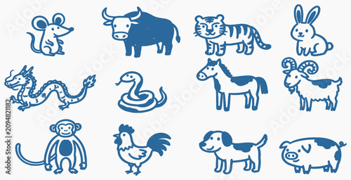 Canvas Print Collection of Chinese Zodiac Animals in a Simple Blue Line Art Style