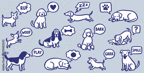 Obraz na płótnie Collection of cute cartoon dogs with speech bubbles showing their thoughts and sounds