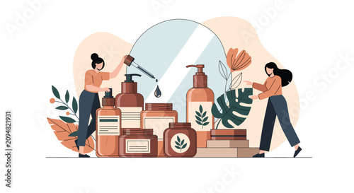 Two women organize a variety of organic skincare products and serums near a large mirror in a bright beauty laboratory.