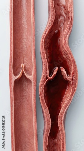Venous ailment contrast: normal vessel, varicose vein, vascular problem, blood circulation, valve operate, medical condition, disease state, human anatomy, body part, health care.