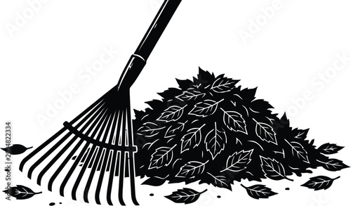 Rake gathering fallen leaves in black and white