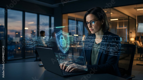 Woman in glasses working on laptop with glowing digital shield and data streams in modern office
