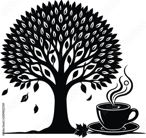 Black and white tree with steaming coffee illustration