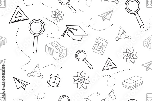 Seamless School and Education Icon Pattern with Graduation Cap, Books and Science Symbols
