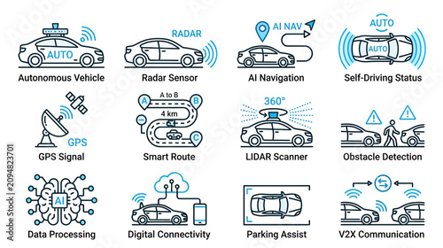 Foto Autonomous Vehicle Technology Icons: AI, GPS, Radar, LiDAR, V2X, Parking Assist