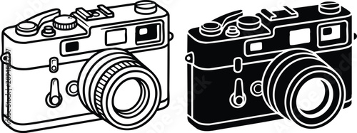 Foto Vintage film camera illustration line art and black silhouette vector set for ph