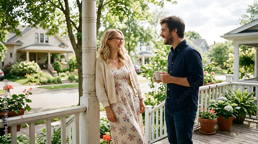 Naklejka premium Happy couple talking and drinking coffee together on a sunny suburban house front porch in the morning