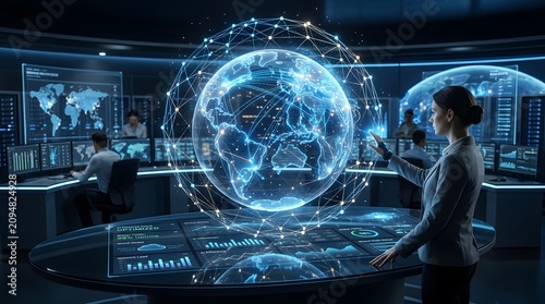 Woman Interacting with Global AI Network Hologram