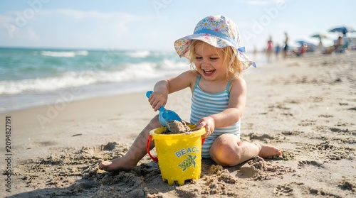 Happy child playing with sand toys on a sunny beach day
