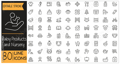 Baby Products and Nursery icons set. Includes icons for baby care, nursery, feeding, toys, stroller, and infant essentials. Editable stroke. Line icons. Perfect for apps and infographics.
