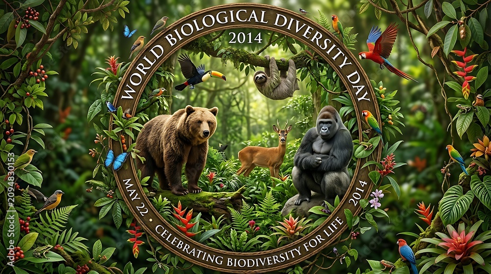 Obraz premium Colorful illustration celebrating world biodiversity day with animals and plants in lush jungle environment