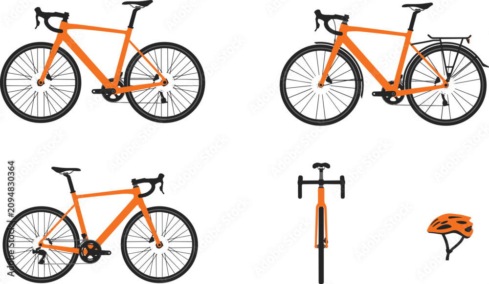 Fototapeta premium Orange Road Bicycle Vector Set with Multiple Angles Gravel Bike Luggage Carrier Rack and Safety Helmet for Cycling Sport and Commuting Designs