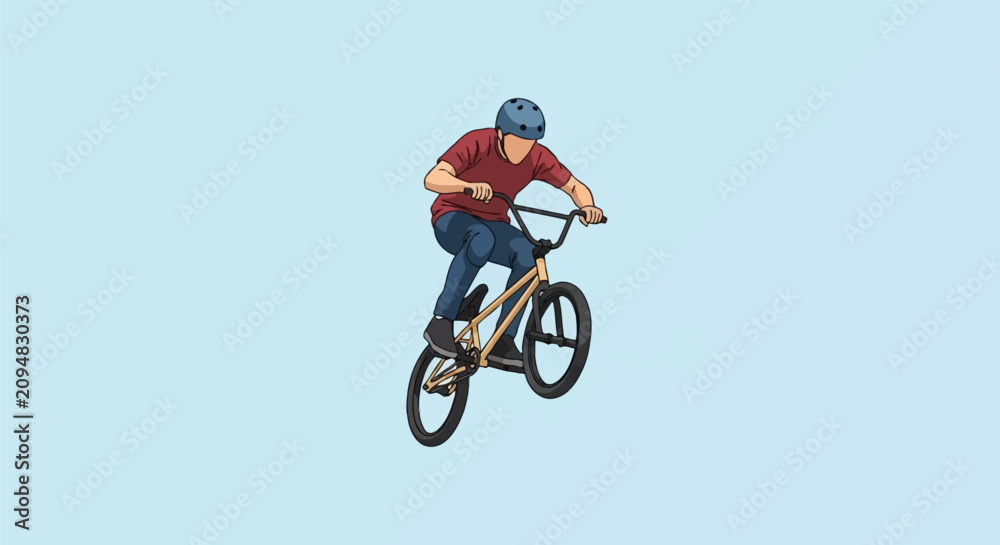 Obraz premium Vector illustration of a male BMX rider jumping mid-air. Rider wears a blue helmet, red shirt, and blue pants on a yellow freestyle bike against a flat light blue background.