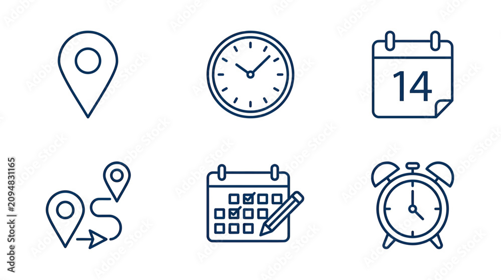Fototapeta premium Time Management and Planning Icons: Location, Clock, Calendar, Route