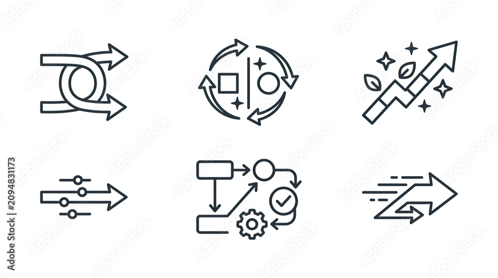 Fototapeta premium Business Process Flow Icons Set: Agile, Workflow, Growth, Progress, Strategy