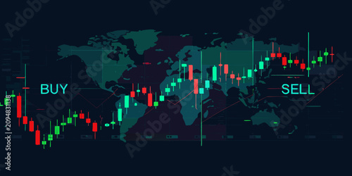 financial trading chart with candlesticks on dark world map buy sell market economy investment analysis data visualization vector graphic finance