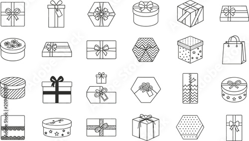 Linear Gift Box Icon Set with Outline Present Symbols for Birthday Celebrations, Holiday Shopping, Delivery Packages, and Surprise Event Graphic Designs