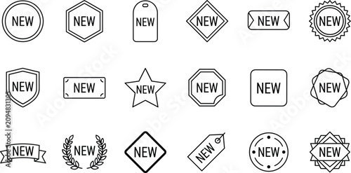New Product Arrival Sticker and Label Icon Set with Line Art Promotion Badges for Retail Shopping and E-Commerce Website Header Graphic Designs