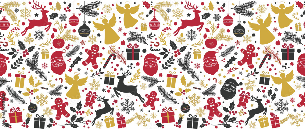 Naklejka premium Seamless Christmas Border Pattern with Hand Drawn Vintage Holiday Elements for Festive Wrapping Paper, Washi Tape, and Web Banner Designs