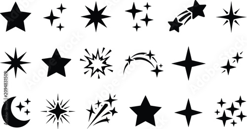 Sparkling Star and Sparkle Icon Set with Black Silhouette Twinkle Symbols for Magic Effects, Night Sky, and Festive Graphic Design Elements