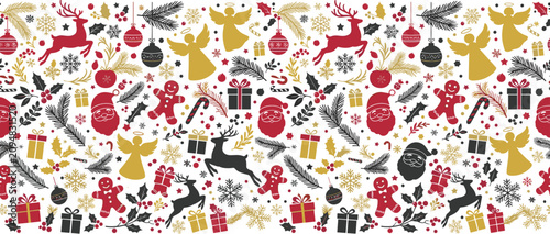 Seamless Christmas Border Pattern with Hand Drawn Vintage Holiday Elements for Festive Wrapping Paper, Washi Tape, and Web Banner Designs