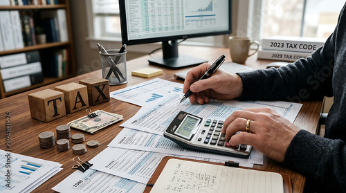 Man calculating taxes with calculator and documents on desk with tax code books