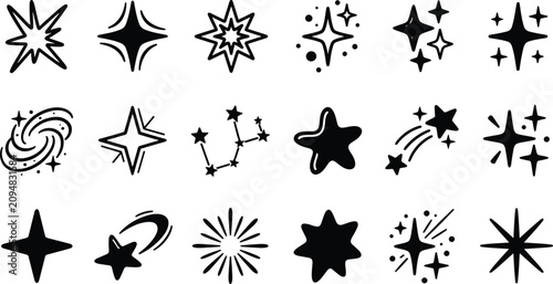 Sparkling Star and Sparkle Icon Set with Hand Drawn Twinkle Symbols for Festive Magic, Night Sky, and Creative Graphic Design Elements