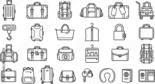 Travel Luggage and Baggage Icon Set with Line Art Suitcase Symbols for Airport Transit, Vacation Planning, and Tourism Web Interface Designs