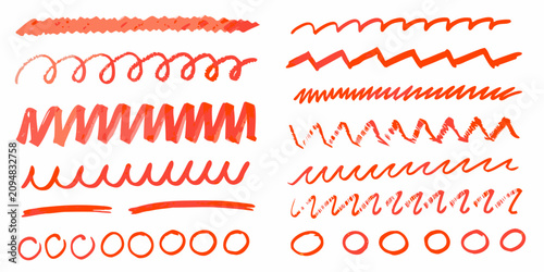 Foto hand drawn marker lines in red and orange on white background scribbles doodles