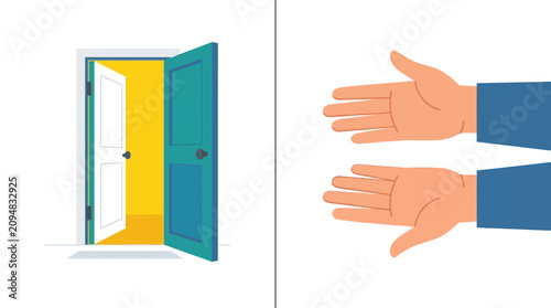 Flat vector illustration of an open door and gesturing hands