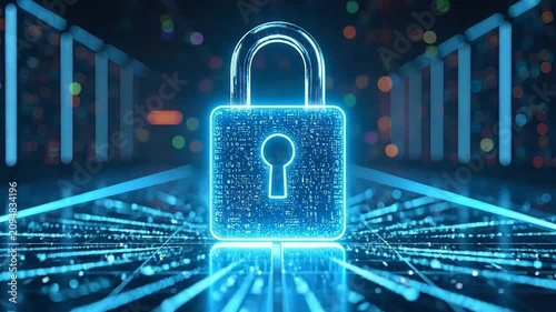 A glowing digital padlock protects data in a server room