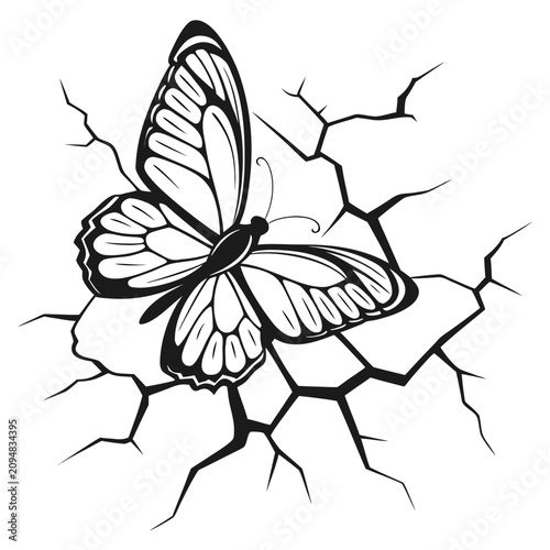 Canvastavla Monarch butterfly emerging from cracked wall texture with butterfly emergence il