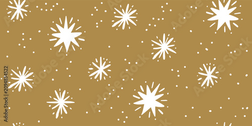 Seamless Christmas star pattern with white stars and tiny snowflakes on a warm gold background. Minimalist festive design for fabric, wallpaper, wrapping paper, holiday decor and winter projects
