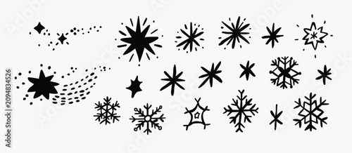 Winter snowflake clipart set with hand drawn doodle snowflakes and stars in outline style. Perfect for Christmas crafts, stickers, scrapbooking, invitations, coloring pages and holiday DIY projects.