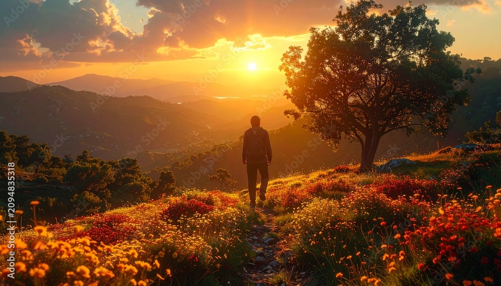 Fototapeta premium Hiker standing on a scenic mountain path through a wildflower meadow during a beautiful golden sunset