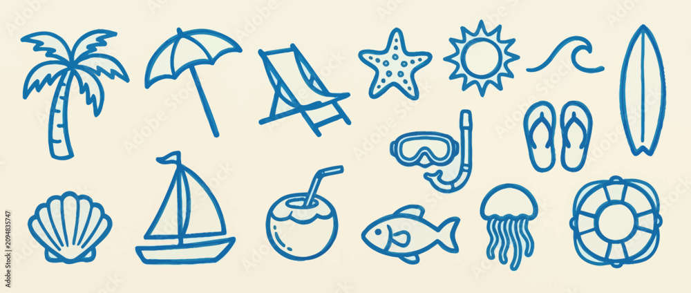 Fototapeta premium Hand drawn summer beach icons set, blue doodle vacation elements vector collection, tropical holiday travel symbols with palm tree and surfboard, nautical ocean life line art graphics