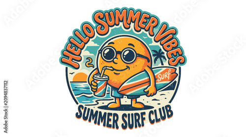 Colorful cartoon character logo. Summer vibes graphic design. Surf club emblem.