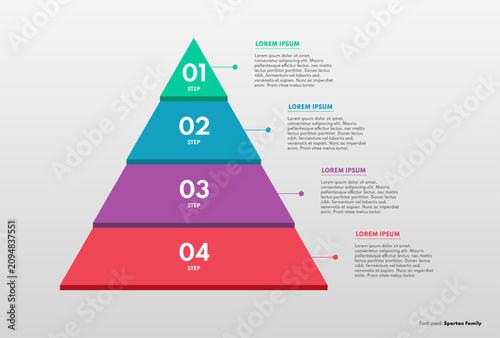 Business infographic pyramid vector illustration with four steps and colorful segmented geometric layered diagram with 3d effect and list layout